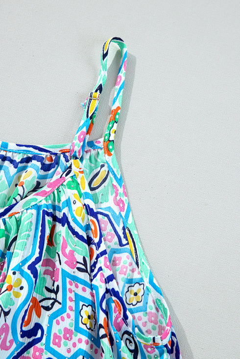 Artistic Floral Abstract Textured Rhinestone Detail Spaghetti Strap Summer Tank